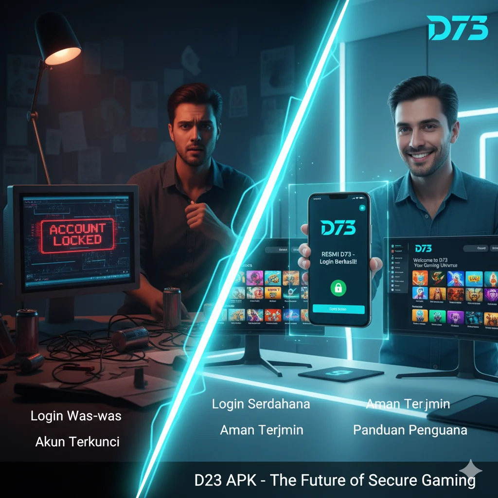 menggambarkan pengalaman login yang sebelumnya mengkhawatirkan dan menjadi aman serta sederhana setelah menggunakan aplikasi resmi D73. Gambar ini akan menunjukkan kontras antara rasa cemas dan kemudahan.