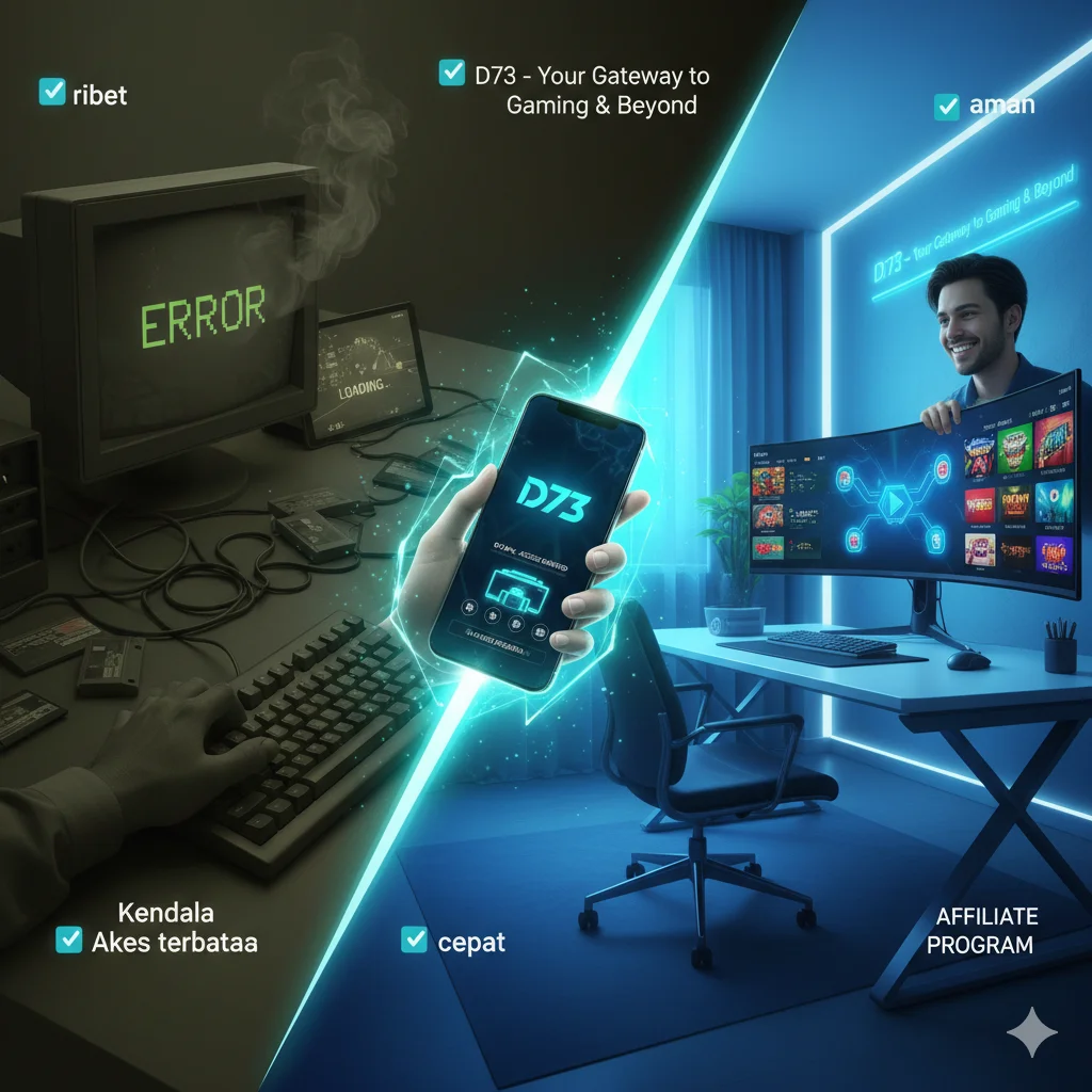 sebuah gambar yang menangkap esensi dari artikel Anda. Gambar ini akan berfokus pada transisi dari pengalaman bermain game yang "ribet" menjadi "praktis, cepat, dan aman" berkat aplikasi D73 (apk).