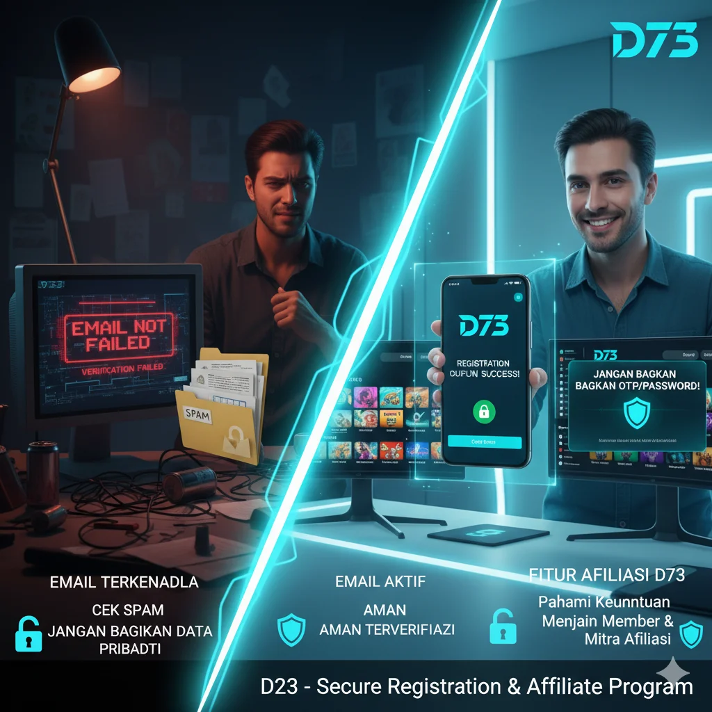 menggambarkan pengalaman panik karena tidak bisa mengakses D73, pentingnya link alternatif resmi, dan solusi keamanan yang ditawarkan. Gambar ini akan memvisualisasikan transisi dari kekhawatiran menjadi rasa aman.